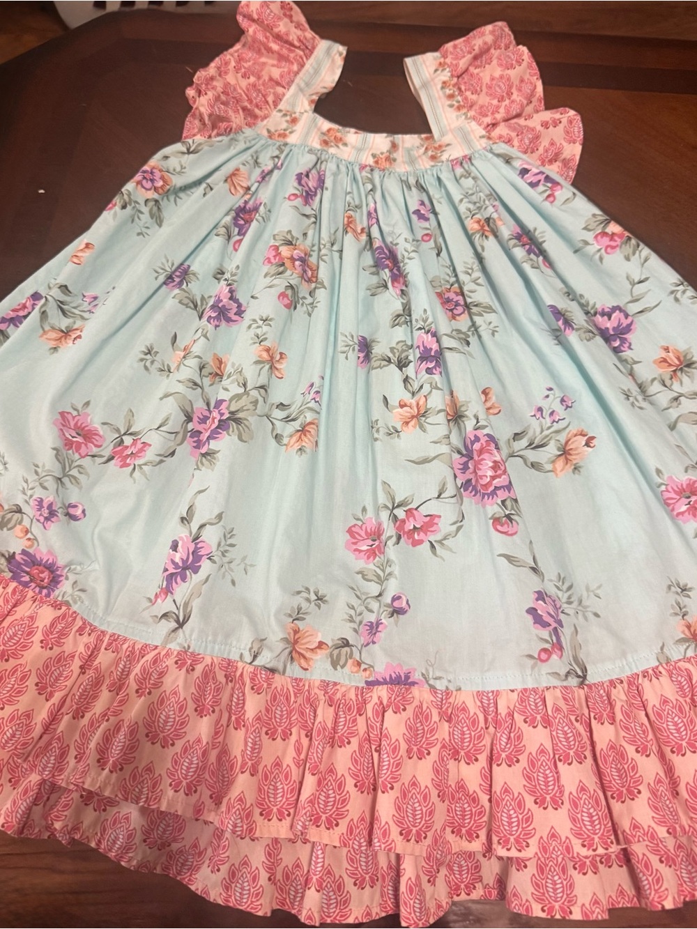 Eleanor Rose Light Blue Floral dress with Pink Ruffle Trim